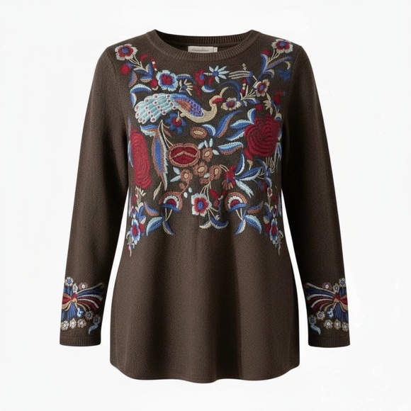 Johnny Was Tops - Johnny Was Biya Embroidered Sweater Women's Top Small Peacocks & Turtles
